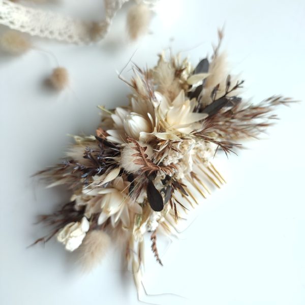 Coffee and Cream Themed Dried Flower Floral Comb/Pin